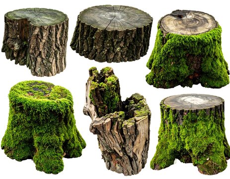 A collection of six tree stumps with varying levels of moss growth and decay