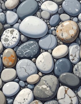 A collection of smooth, rounded stones in various shades of gray, white, and brown