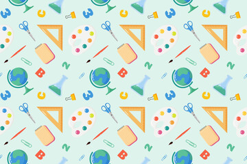Back to school concept seamless pattern on light green background. Repeated pattern with school elements. Ornament with school supplies: globe,palette of colors,ruler,brush,test tube.Vector  © Anna