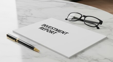 Fototapeta premium Investment report document with pen and glasses on a marble desk surface, illustrating financial planning and analysis