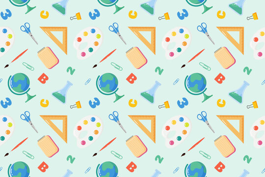 Back to school concept seamless pattern on light green background. Repeated pattern with school elements. Ornament with school supplies: globe,palette of colors,ruler,brush,test tube.Vector 