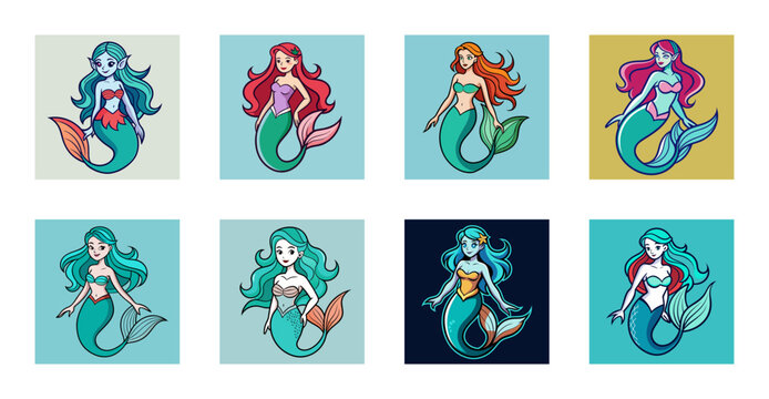 Colorful mermaid character with fish tail and bubbles - Bright and playful mermaid illustration with flowing hair, fish tail, and floating bubbles, ideal for fantasy or children&acirc;&euro;&trade;s themes.