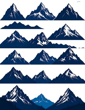 A collection of stylized mountain ranges in various shades of blue and white