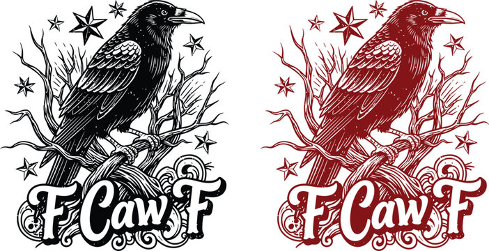 Halloween crow illustrations with f caw text in black and red