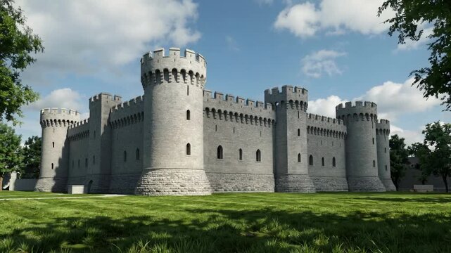 Majestic Medieval Castle Fortress under a Bright Blue Sky in a Lush Green Landscape