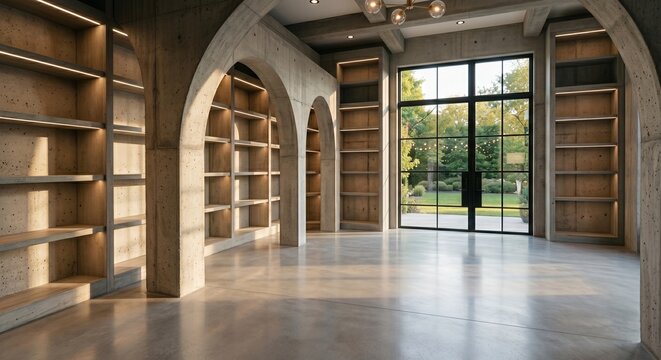 Elegant Modern Architecture Template Featuring Concrete Shelves and Geometric Space with Daylight
자연 채광이 들어오는 기하학적 공간과 콘크리트 선반 구조의 우아하고 현대적인 건축 배경 소스
