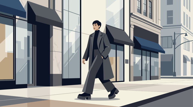 An individual in a monochromatic NYFW street style outfit strolls past luxury boutiques on Fifth Avenue, embodying sophisticated urban elegance.