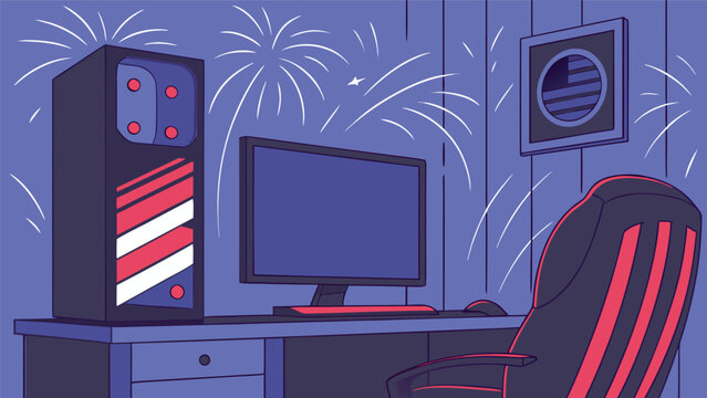 Gaming pc setup with patriotic lights and fireworks