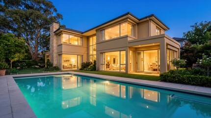 Fototapeta premium Luxurious Modern Mansion with Sparkling Pool and Evening Ambiance.
