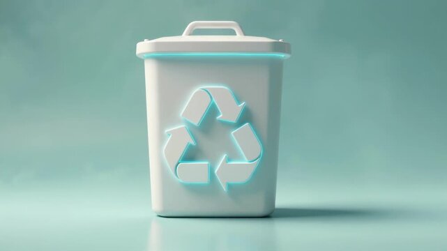 Minimalist 3d Render of a Recycling Bin with a Clear Recycle Symbol in a Light Blue Studio Setting for Sustainability Concepts