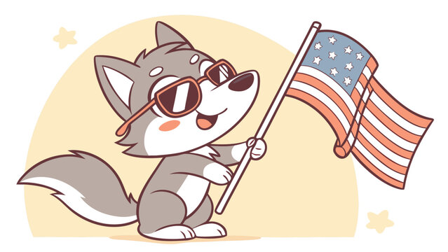 Cute wolf pup wearing sunglasses and holding an american flag