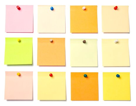 A collection of twelve colorful sticky notes pinned on a white background