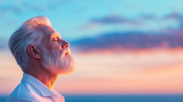 Relaxation Elderly man listening to soothing music with eyes closed.