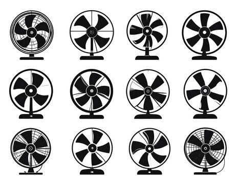 A collection of twelve different electric fans