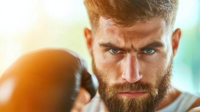 Athlete Boxer training hard in a gym, punching a heavy bag with power.
