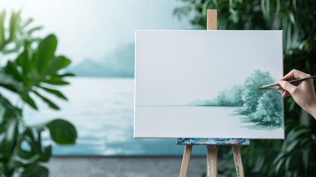 Retirement Woman painting a beautiful landscape on a canvas in her home art studio.