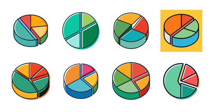 Colorful pie charts with different sections highlighted - Set of vibrant pie charts illustrating various data segments with distinct colors for easy comparison and analysis.