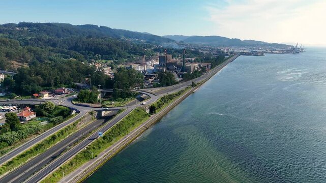 Aerial view of the coastal factory in Ria de Pontevedra, Spain