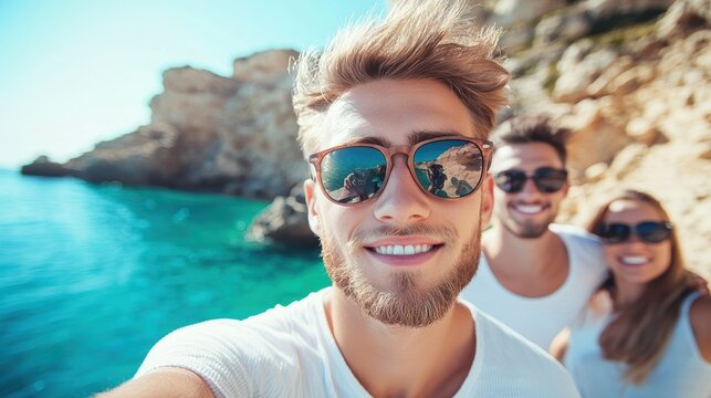 Togetherness Friends taking a group selfie while traveling together in a scenic location.