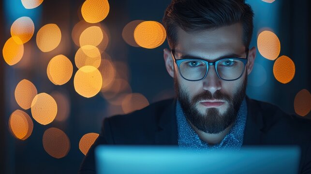 Determination Entrepreneur working late in a modern office, striving for success.