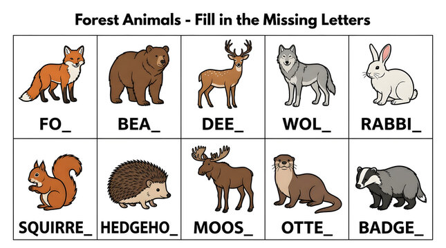 Forest animals fill in the missing letters educational worksheet for kids featuring of woodland creatures