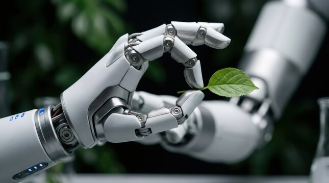Robotic hand holding a green leaf. Artificial intelligence interacting with nature. Concept of harmony between technology and ecology. Sustainability and environment preservation research.