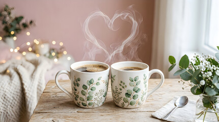 Fototapeta premium Two floral mugs filled with hot drinks on a cozy table