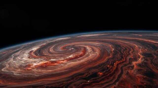 Swirling Planetary Atmosphere Viewed From Space Showing Vibrant Red and Orange Cloud Patterns