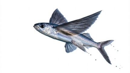 Naklejka premium Isolated flying fish captured mid-air with wings spread wide against a clean white background representing marine wildlife and oceanic movement