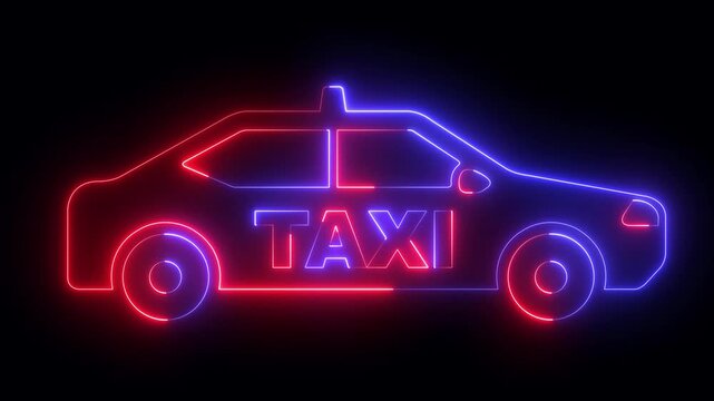 glowing neon Taxi car icon isolated on black background. for Service, transportation apps, taxi call search, booking and websites. 4K Video animation.