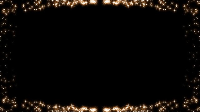 Rectangular frame with shimmering golden star particles glittering movement on a dark background, border frame alpha channel animation, Golden particles moving luxury glittering on frame border