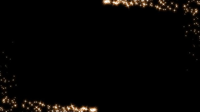 Rectangular frame with shimmering golden star particles glittering movement on a dark background, border frame alpha channel animation, Golden particles moving luxury glittering on frame border