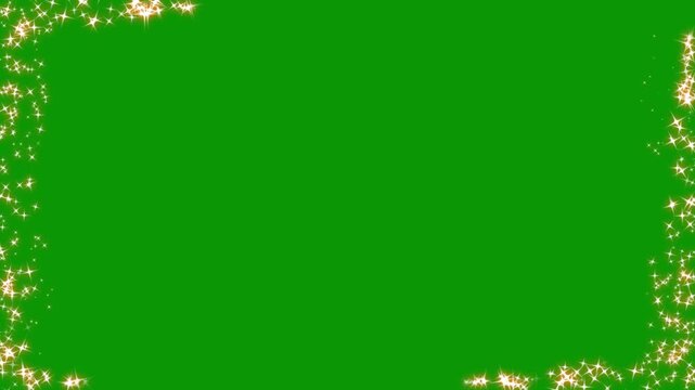 Rectangular frame with shimmering golden star particles glittering movement on a green background, border frame alpha channel animation, Golden particles moving luxury glittering on frame border