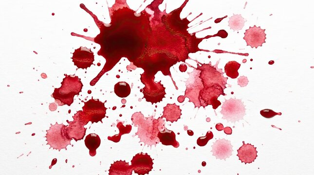 Red blood splatter isolated on white background with various sized spots