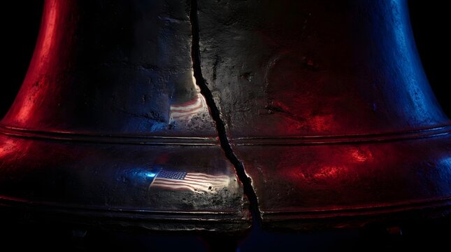 Symbolic cracked Liberty Bell illuminated in red and blue neon lights celebrating American freedom and 4th July independence with chrome heritage