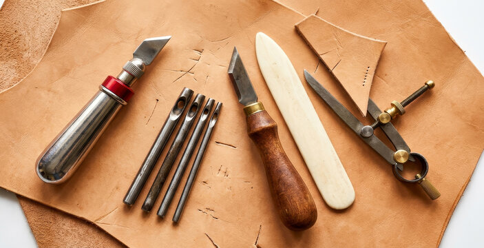 Leather crafting tools flatlay on natural tan hide including knife awl punch and compass