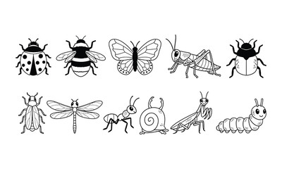Naklejka premium Set of cute insect line art icons featuring ladybug bee butterfly and grasshopper.