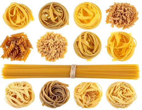 A collection of various types of pasta on a white background