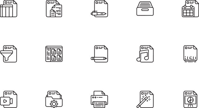 Comprehensive Outline Document and File Management Icon Vector Set Featuring Folders, Archives, and Data Sheets Icons