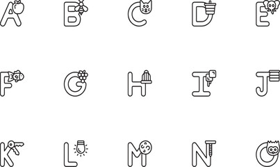 Illustrated English Alphabet Letters B to N Line Icons © Mr. Akash