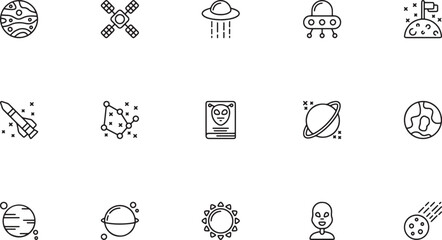UFO Abduction, Satellites and Space Objects Line Icons © Mr. Akash