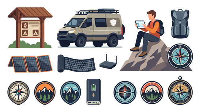 High-Tech Backpacker Nomad Vector Bundle Showcasing Trailhead Shelter and Emergency Van Icons Crafted for Textless Travel Tech Templates