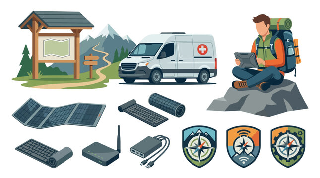 High-Tech Backpacker Nomad Vector Bundle Showcasing Trailhead Shelter and Emergency Van Icons Crafted for Textless Travel Tech Templates