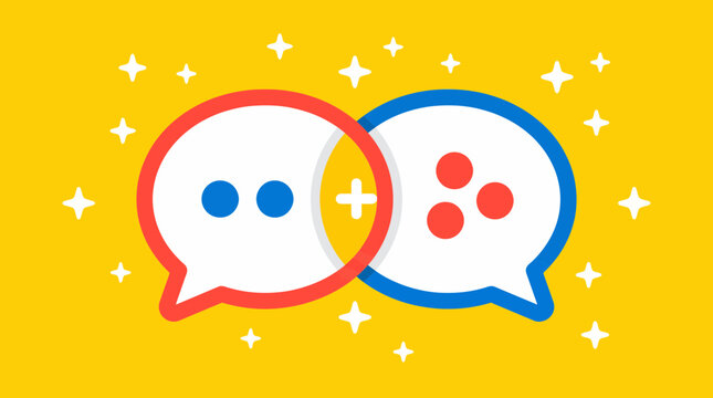 Colorful vector graphic illustration of two speech bubbles with smiling faces merging together with a plus sign in the middle on a bright yellow background with white stars