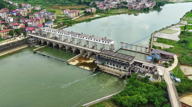 Aerial views of sluice gates and hydroelectric power stations