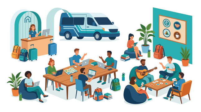 Nomad Hostel Co-Living Vector Bundle featuring Lobby Entrance Gate and Shuttle Van Icons Designed for Customizable Textless Social Branding