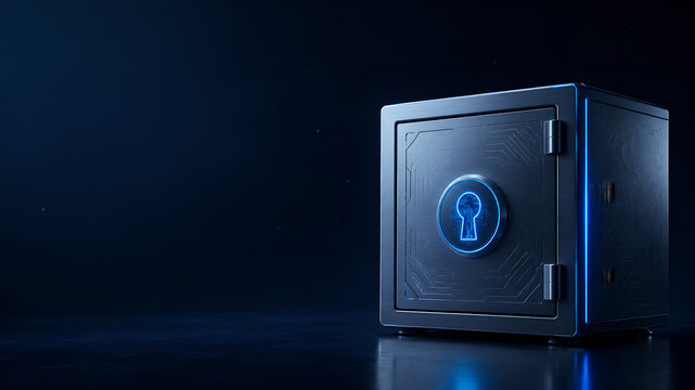 Cyber security concept of a metallic safe vault with glowing blue keyhole on dark background with copy space