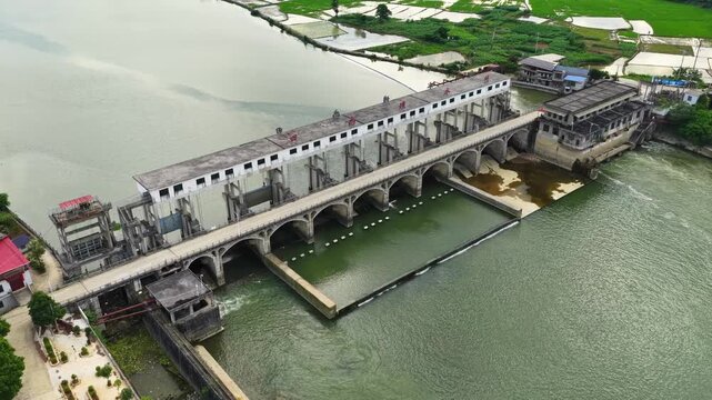 Aerial views of sluice gates and hydroelectric power stations