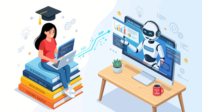 Woman learning coding and robotics with a tutor bot on her computer and laptop sitting on stack of books with graduation cap