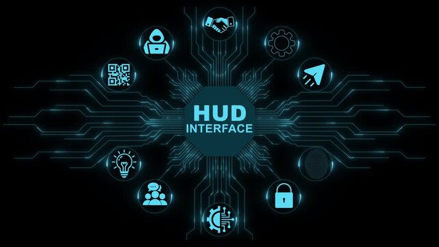 Futuristic HUD Interface Digital Concept Background with Circuit Board Lines and Technology Icons.Motion graphic 4k animation video.